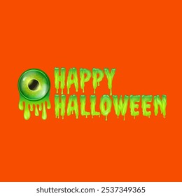 Happy halloween text logo with liquid green slime and zombie green eye isolated on orange background. Square happy halloween banner, poster, flyer and poster with melting text and monster eyeball