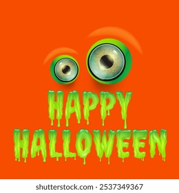 Happy halloween text logo with liquid green slime and zombie green eye isolated on orange background. Square happy halloween banner, poster, flyer and poster with melting text and monster eyeball