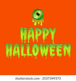 Happy halloween text logo with liquid green slime and zombie green eye isolated on orange background. Square happy halloween banner, poster, flyer and poster with melting text and monster eyeball