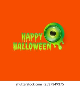 Happy halloween text logo with liquid green slime and zombie green eye isolated on orange background. Square happy halloween banner, poster, flyer and poster with melting text and monster eyeball