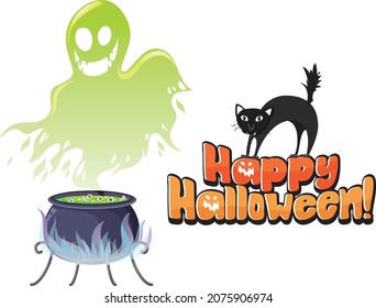 Happy Halloween text logo with witch potion pot illustration