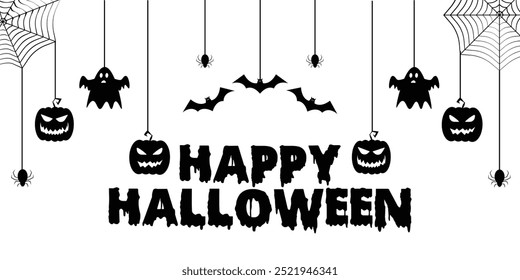 Happy Halloween text message with bats and spiders vector illustration