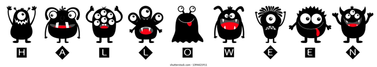 Happy Halloween text. Monster black round silhouette icon set line. Eyes, tongue, tooth fang, hands up. Cute cartoon kawaii funny scary baby character. White background Flat design Vector illustration