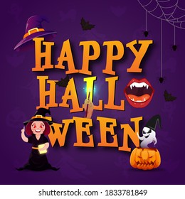 Happy Halloween Text with Monster Mouth, Cartoon Ghost, Jack-O-Lanterns, Hand Holding Magic Wand and Cheerful Witch on Purple Background.