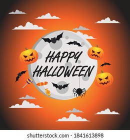 happy halloween text, moon orange background, flat design