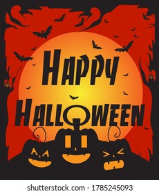 Happy Halloween  text on background with pumpkins, bats.  Vector.