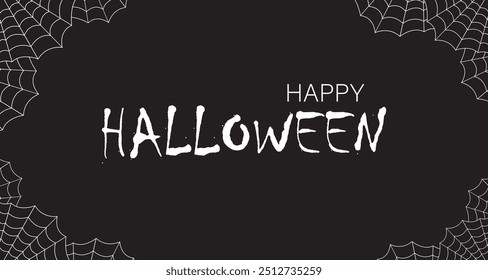 Happy Halloween text on black background with spider webs along the edges. Vector illustration.