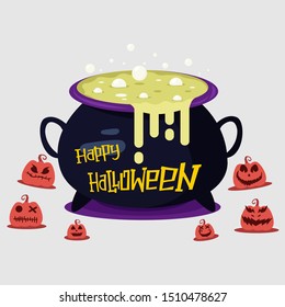 Happy Halloween Text on Cauldron with Pumpkins Decorations for Your Wallpaper and Greeting Text. Vector flat cartoon illustration.