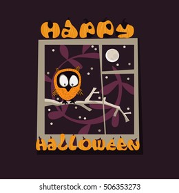 Happy Halloween. The text on a dark window in the moonlight. Owl on a branch. Vector illustration.