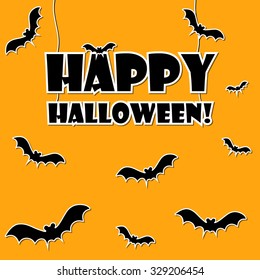 Happy Halloween text on orange background with flying bats around.