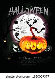 Happy Halloween with text on purple background with pumpkin and moon 