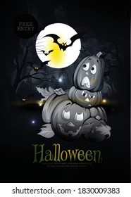 Happy Halloween with text on purple background with pumpkin and moon 