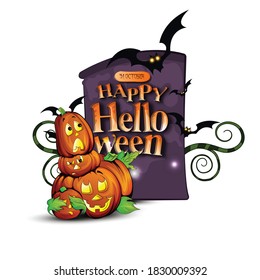 Happy Halloween with text on purple background with pumpkin and moon 