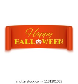 Happy Halloween text on realistic orange ribbon banner, vector illustration