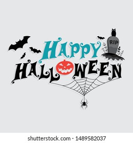 Happy Halloween text on white background with bat and spider web. Vector illustration for Halloween party poster and greeting card element.