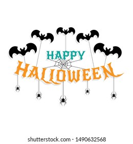 Happy Halloween text on white background with bats and spiders. Vector illustration for Halloween party poster and greeting card element.