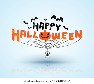 Happy Halloween text on white background with bats and spider web. Vector illustration for Halloween party poster and greeting card element.