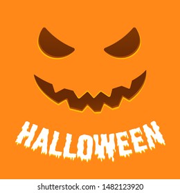 Happy Halloween text postcard banner with angry spooky face and text halloween isolated on orange background flat style design.