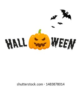 Happy Halloween text postcard banner with scary face on pumpkin, bats and text happy halloween isolated on white background flat style design.