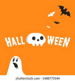 Happy Halloween text postcard banner with ghost scary face, human skull and text happy halloween isolated on orange background flat style design.