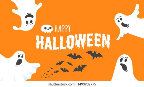 Happy Halloween text postcard banner with ghosts scary face, human skull and text happy halloween isolated on orange background flat style design.