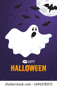 Happy Halloween text postcard banner with ghost scary face, night sky, moon, flying bats and text happy halloween isolated on dark background flat style design.