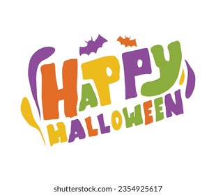 Feliz postal de Halloween. Vector de tipografía colorida sobre Halloween, con murciélago, caligrafía de octubre e íconos de halloween, silueta, caricatura de color, palabra artística de Halloween con estrillo de caricatura de color