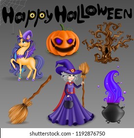 Happy Halloween Text Poster, Banner, 3D Pony Unicorn, Pumpkin Character, Brown Tree, Broom, Witch, Cauldron, Eyes and Little Black Spider with Web, Isolated, Hand Drawn, Realistic Vector Illustration