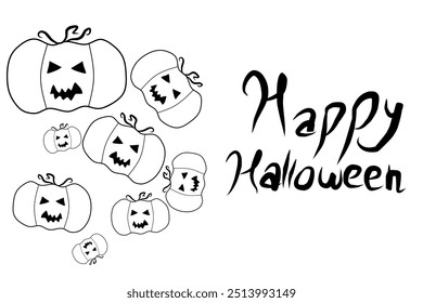 Happy halloween text with pumpkin scary face on white background hand drawn creative pen lettering design for holiday greeting card and invitation, flyers, posters, banner halloween holiday