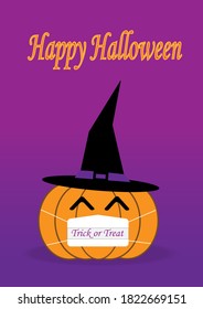 Happy Halloween text and pumpkin wear a mask trick or treat on purple background.New normal Halloween party concept for prevent risk of transmission Covid-19.