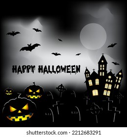 happy halloween text with pumpkins, bats, old house, and graveyard