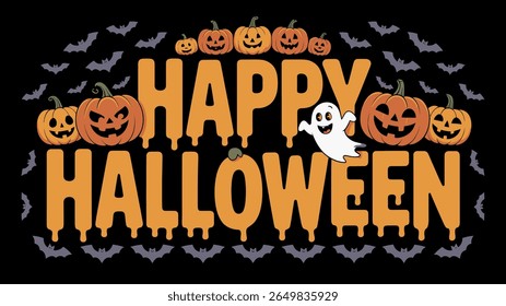 Glücklicher Halloween-Text mit Kürbissen Geist und Fledermäuse Silhouette