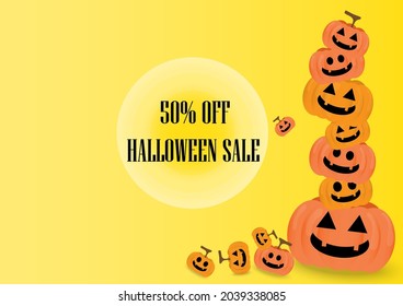 Happy halloween with text sale promotion poster, pumpkin on yellow background with empty space for logo and content, website banner template, party invitation card, creative design vector illustration
