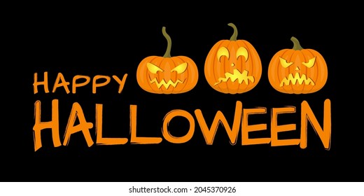 Happy Halloween text with scary pumpkins for party banner or background, greeting, invitation card design. Vector illustration.