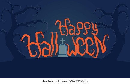 Happy Halloween text with scary tree vector illustration. Good design for your project 