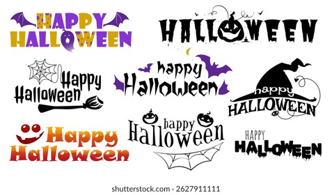 Happy Halloween Text set. Stylish stickers with lettering and scary decorative elements. Inscriptions with spider, pumpkin and spooky bats. Flat vector illustration collection isolated on background