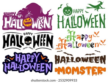 Happy Halloween Text Sets Designs, Spooky and Fun Greetings, Eerie Typography Styles, Perfect for Cards, Decorations, and Halloween Celebrations, Create a Festive and Haunting Atmosphere.