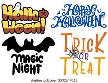 Happy Halloween Text Sets, Festive Spooky Typography, Eerie Graphics and Illustrations, Perfect for Halloween Cards, Decorations, and Celebrations, Fun and Whimsical Designs, Trick-or-Treat Themes.