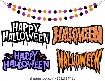 Happy Halloween Text Sets with Halloween Garland, Spooky Typography Designs, Festive Decor Elements, Fun Halloween Lettering, Eerie Celebration Graphics