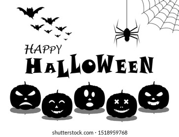 Happy Halloween Text. The silhouette of bats,web,spider and pumpkins. Vector illustration