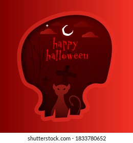 Happy Halloween Text with Silhouette Scary Cat and Nightime Graveyard View on Red Paper Cut Skull Shape Background.