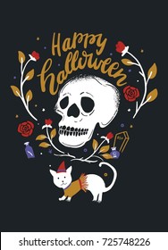Happy Halloween Text with Skull and Cat