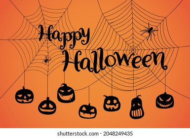 happy halloween text with speider net in orange background .speider web.festival.celebration. holiday.party.halloween postcard.horror.pumpkin lantern. design.wallpaper.background.poster.illustration.