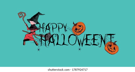 Happy Halloween text with spider web banner for party invitation background, Witches and pumpkins. Vector illustration for banners, posters and stickers.