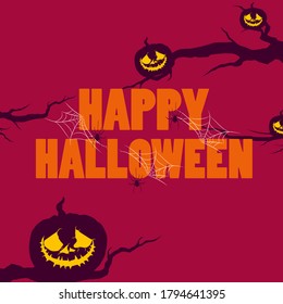 Feliz texto de Halloween con carteles web de arañas para invitaciones de fiestas de fondo con monstruos de calabaza, calaveras y telarañas. Ilustración vectorial para carteles, afiches y stickers.