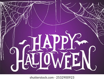 Happy Halloween Text with Spider Web Border in Background, Spooky Festive Design, Eerie Typography, Perfect for Cards, Decorations, and Celebrations, Create a Haunting Atmosphere for Halloween.