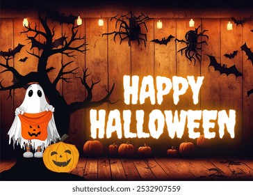 Happy Halloween Text with Spider Web, Tree, Ghost, and Pumpkin in Background, Spooky Festive Design, Eerie Typography, Perfect for Cards, Decorations, and Celebrations, Create a Haunting Atmosphere.