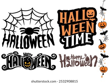 Happy Halloween Text with Spider Web, Tree, Bats, and Pumpkin Border Design Sets, Spooky and Festive Typography, Perfect for Cards, Decorations, and Halloween Celebrations, Create an Eerie Atmosphere.