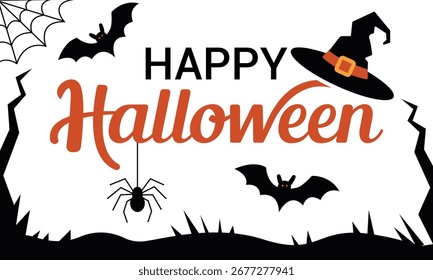 Feliz Texto de Halloween e Ilustração de Vetor Spiderweb, Banner de saudação de Halloween, cartaz com fundo branco