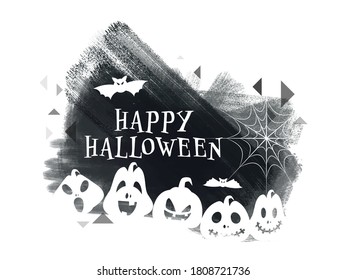 Happy Halloween Text with Spooky Pumpkins, Spider Web, Flying Bats and Black Brush Stroke on White Background.